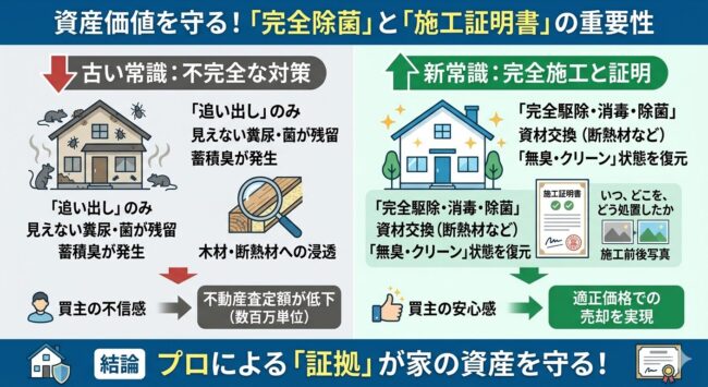 資産価値を左右する完全除菌と施工証明書の重要性