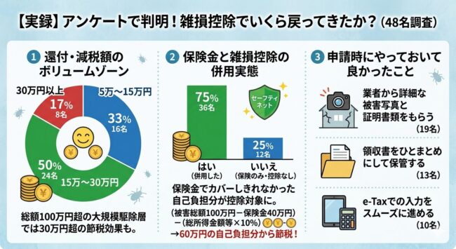 【実録】アンケートで判明!雑損控除でいくら戻ってきたか?(48名調査)