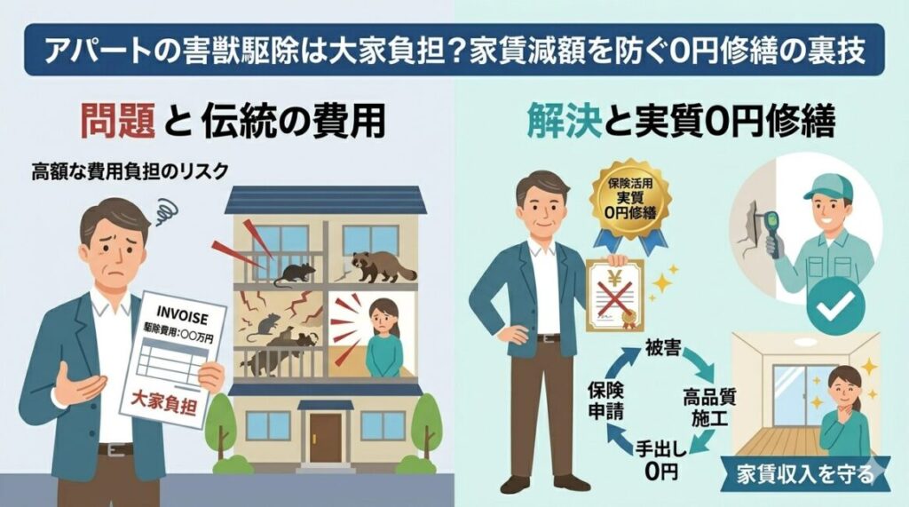 アパートの害獣駆除は大家負担？家賃減額を防ぐ0円修繕の裏技
