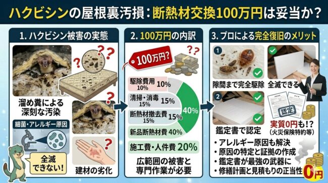 ハクビシンの糞尿で汚損された断熱材と100万円の見積書比較図