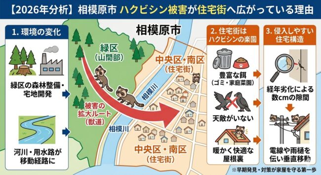 【2026年分析】相模原市でハクビシン被害が住宅街へ広がっている理由