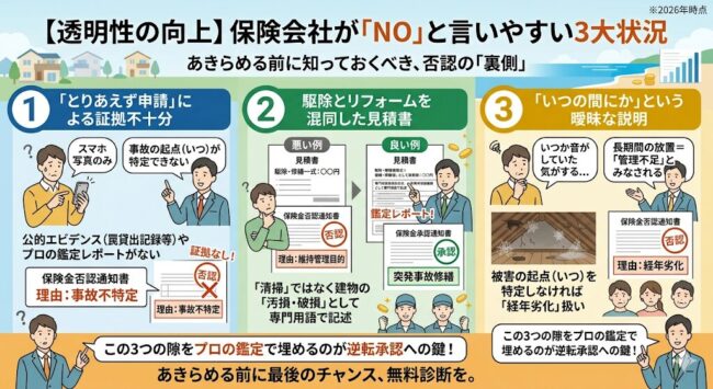 火災保険申請が否認されやすい3つのケース解説図。証拠不足、見積書の不備、事故日の曖昧さが『経年劣化』と判断される理由。