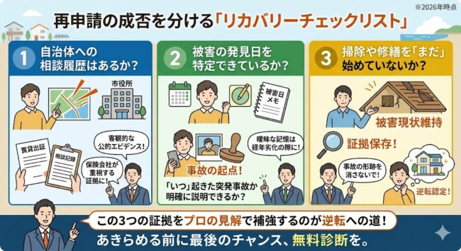火災保険の再申請を成功させるための3つのリカバリーチェックリスト。行政への相談記録、事故日の特定、現状維持の重要性を解説。