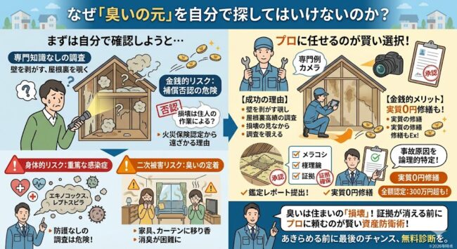 自力で害獣の臭い元を調査する際のリスク解説。保険認定が難しくなる理由、感染症の危険性、室内に臭いが広がる二次被害について。