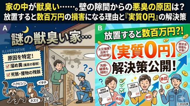 家の中が獣臭い…。壁の隙間からの悪臭の原因は？放置すると数百万円の損害になる理由と「実質0円」の解決策