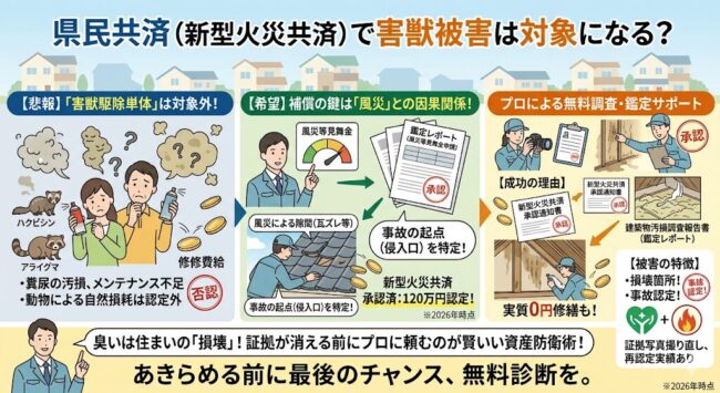 県民共済の火災共済における害獣被害の補償範囲の解説図。害獣駆除は対象外だが、台風などの風災が原因であれば見舞金の対象になる可能性を説明。