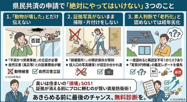 県民共済への害獣被害申請で失敗する3つのパターン解説。動物による汚損を理由にすること、証拠写真の欠如、老朽化と認めてしまうリスク。