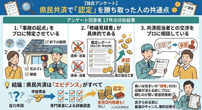 県民共済で害獣被害の認定を勝ち取った人の共通点。プロによる事故起点の特定と鑑定レポート作成が認定率を左右することを示す図解。