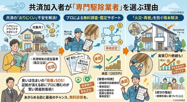 駆除ザウルスが県民共済加入者に選ばれる理由。建築知識に基づいた風災立証、高精度な被害報告書の作成、再認定に向けたサポート体制の解説。