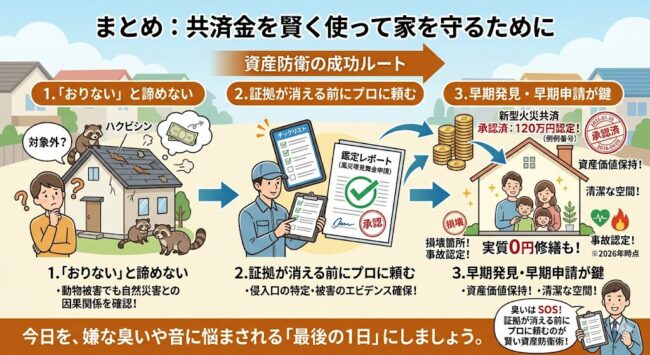 県民共済を活用した害獣被害解決のまとめ。プロの鑑定による風災立証の重要性と、早期発見・早期申請が資産価値を守る鍵であることを強調。