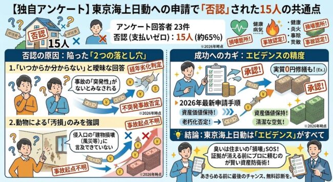 東京海上日動の火災保険申請に関する独自アンケート結果。自力申請とプロ調査介在による認定率の圧倒的な差と、否認理由の8割を占める経年劣化判定のリスクを解説。