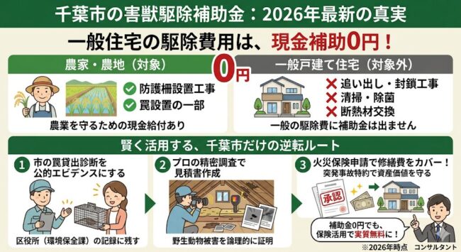 千葉市 ハクビシン・アライグマ補助金 2026年最新図解。現金補助は農家・農地が対象（防護柵、罠）。一般戸建て住宅は対象外で、追い出し、封鎖工事、清掃、消毒、断熱材交換の駆除費用は自腹（0円）。千葉市独自の逆転ルート：市の環境保全課で罠を借りた診断を公的エビデンスにし、プロの精密調査見積書と組み合わせて火災保険の突発事故特約で修繕費をカバー。資産価値を守る実質無料へのスキーム。※2026年時点