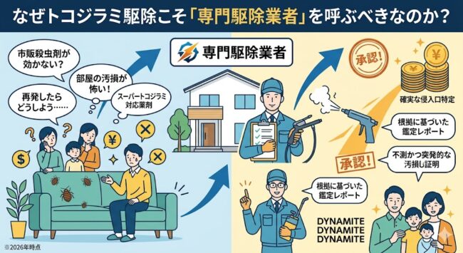トコジラミ駆除で駆除ザウルスが選ばれる理由。薬剤耐性を持つスーパートコジラミへの専門的アプローチと、損保ジャパンの家財補償認定を支援する精密な調査報告書の作成について解説。