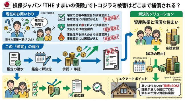 損保ジャパンの火災保険におけるトコジラミ被害の補償範囲の解説。家財補償による寝具・家具の買い替え費用の認定条件と、虫害免責を回避するための突発的汚損としての立証ポイントを解説。