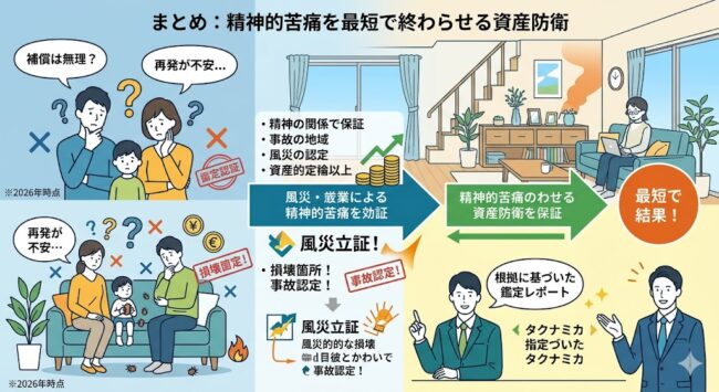 損保ジャパンの火災保険を活用したトコジラミ被害解決のまとめ。早期調査による被害拡大の防止と、家財補償を活用した経済的負担の軽減、プロによる徹底駆除での精神的安寧の回復について。