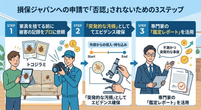 損保ジャパンへのトコジラミ被害申請で否認を避ける3ステップ。家具破棄前の被害記録、突発的汚損の立証、専門家による鑑定レポート作成の手順を解説。