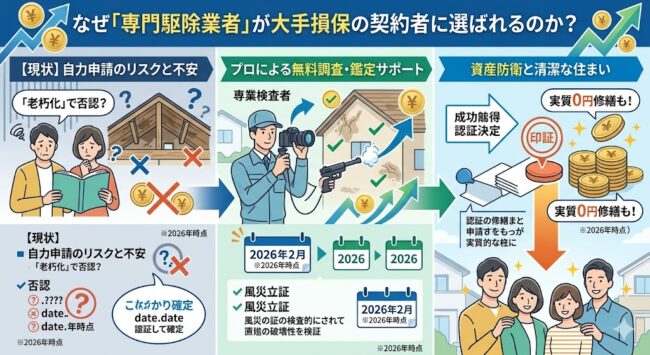駆除ザウルスが東京海上日動の契約者に選ばれる理由。建築プロの視点による高精度な鑑定レポート作成、火災・再発を防ぐ封鎖技術、否認案件を覆すサポート体制を解説。