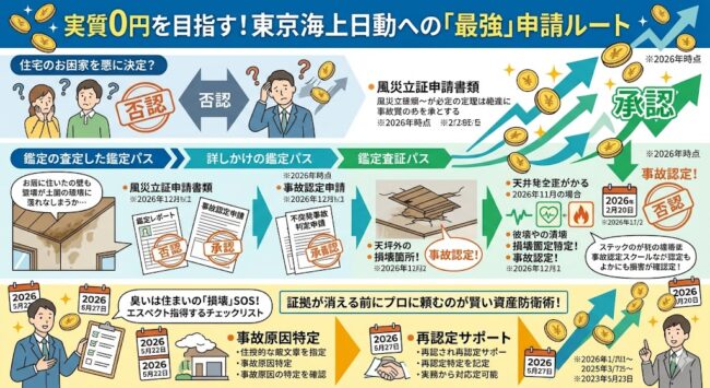 東京海上日動への火災保険申請の4ステップ。保険会社への連絡前にプロの無料調査を依頼し、風災立証と鑑定レポート作成を行うことで、認定率を最大化させる最強ルートの解説図。