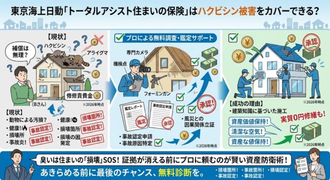 東京海上日動の火災保険でハクビシン被害の修繕費を実質0円にする方法を解説したアイキャッチ画像