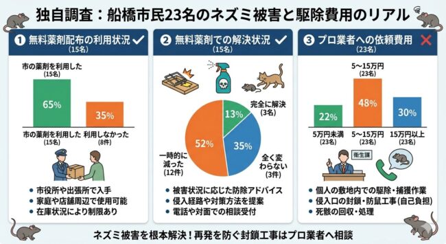 独自調査：船橋市民23名のネズミ被害と駆除費用の結果グラフ