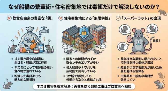 なぜ船橋の繁華街・住宅密集地では毒餌だけで解決しないのか？