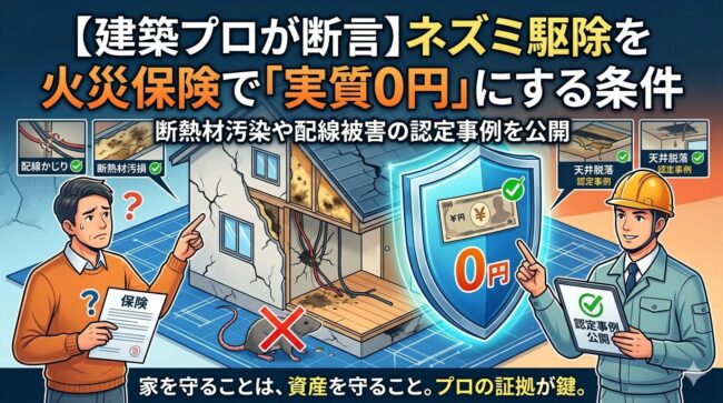 【建築プロが断言】ネズミ駆除を火災保険で「実質0円」にする条件。断熱材汚染や配線被害の認定事例を公開