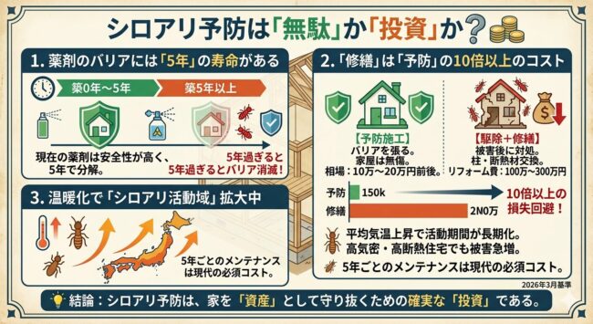 シロアリ予防は無駄か投資か?5年周期で家を守るべき理由