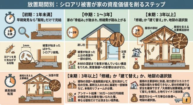 放置期間別：シロアリ被害が家の資産価値を削るステップ
