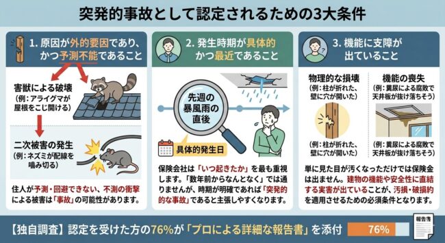 突発的事故として認定されるための3大条件