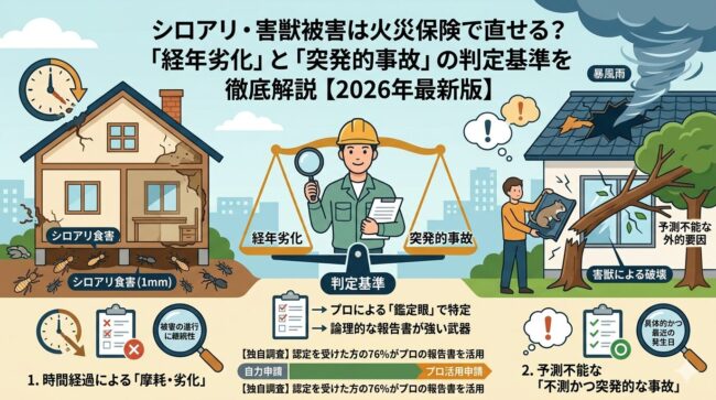 シロアリ・害獣被害は火災保険で直せる？「経年劣化」と「突発的事故」の判定基準を徹底解説｜2026年最新版
