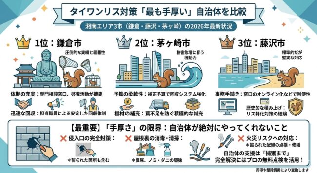 タイワンリス対策が最も手厚いのはどこ？鎌倉・茅ヶ崎・藤沢比較