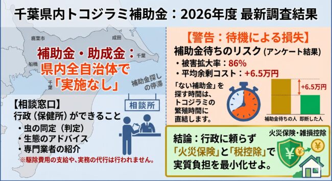 千葉県内のトコジラミ補助金が全自治体で存在しない事実と、補助金を探して初動が遅れた場合の費用高騰リスク（平均6.5万円増）を解説したインフォグラフィック。行政の相談範囲と、保険・税控除による解決ルートを比較。