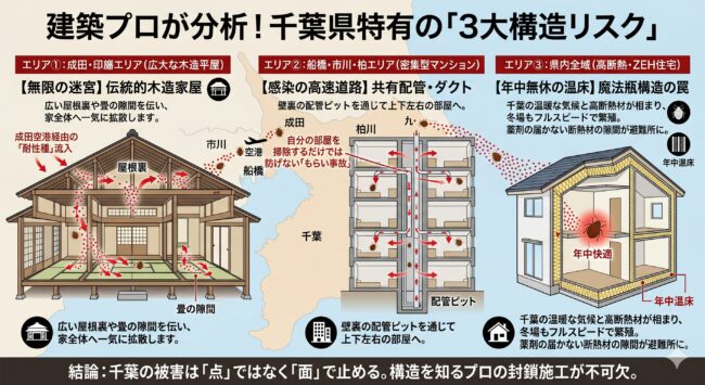 千葉県特有の住宅構造（成田エリアの広い木造平屋、船橋・市川の密集マンションの配管、最新の高断熱住宅）におけるトコジラミの拡散ルートと潜伏箇所を解説した図解。地域特性に合わせた駆除戦略の重要性を示す。