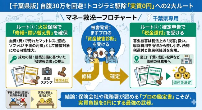 千葉県でトコジラミ駆除費用を実質0円にするための2大救済ルート（火災保険の汚損特約と確定申告の雑損控除）を解説したインフォグラフィック。補助金がない千葉県で、プロの鑑定レポートを活用して自己負担を抑えるフローチャート。