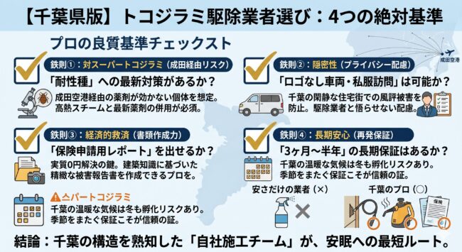 千葉県でトコジラミ駆除業者を選ぶ4つの鉄則（耐性種対策、ロゴなし車両、保険申請レポート作成、長期再発保証）を解説したインフォグラフィック。千葉特有の住環境で失敗しないための専門的な選定基準。