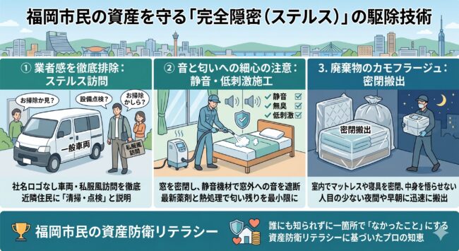 福岡市（博多・天神）のトコジラミ駆除でバレない3つの隠密対策（ロゴなし車両、静音施工、廃棄物の室内密閉）
