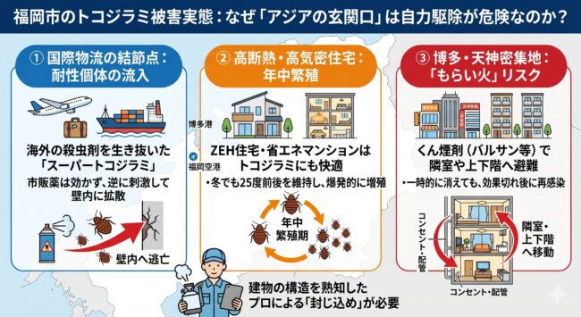 福岡市のトコジラミ駆除が自力では危険な3つの理由（海外由来の耐性個体、高断熱住宅での繁殖、博多・天神密集地での隣室流入）