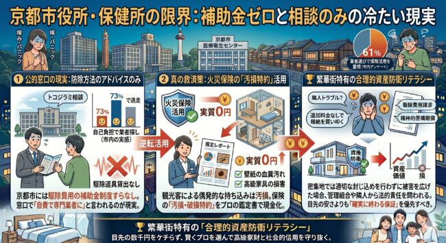 京都市役所や医療衛生センター（保健所）のトコジラミ駆除！補助金ゼロを覆し火災保険で実質0円を目指す資産防衛術の図解