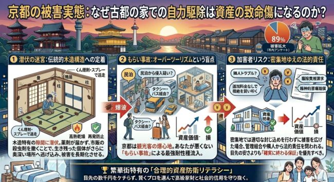 京都市（中京区・下京区・東山区）のトコジラミ駆除！自力でのバルサンやくし煙剤の使用が資産価値下落や賠償リスクを招く3つの理由図解（伝統構造、オーバーツーリズム、密集加害者）