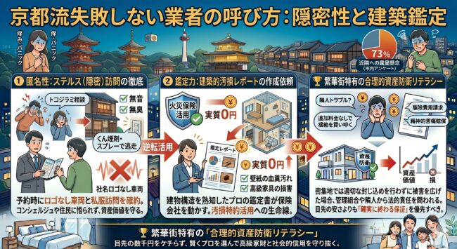京都市（中京区・下京区・東山区）のトコジラミ駆除！失敗しない業者の呼び方（ステルス訪問、火災保険鑑定レポート）図解
