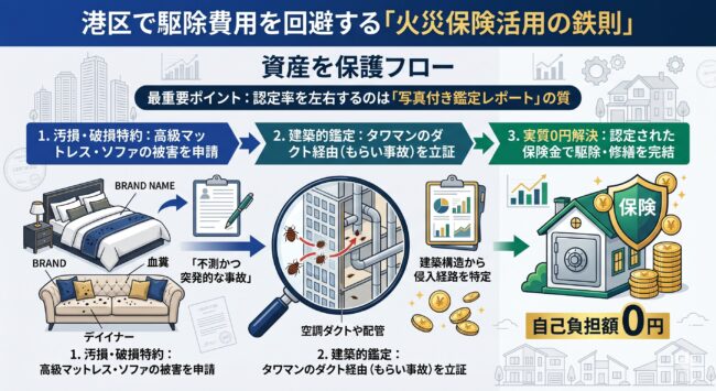 港区のタワーマンションでトコジラミ駆除費用を火災保険の汚損特約で0円にするための建築鑑定レポート活用術