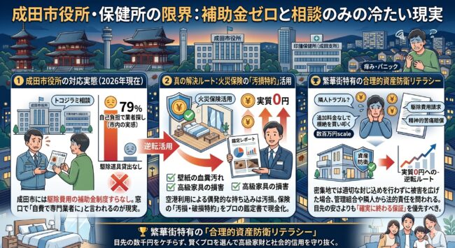 千葉県成田市のトコジラミ駆除！市役所や印旛保健所（成田支所）の補助金ゼロを覆し、火災保険で「実質0円」を目指す資産防衛術の図解