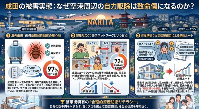 千葉県成田市（空港周辺、成田ニュータウン、公津の杜）のトコジラミ駆除！自力でのバルサンやくし煙剤の使用が資産価値下落や賠償リスクを招く3つの理由図解（最強耐性、壁内拡散、法的責任）