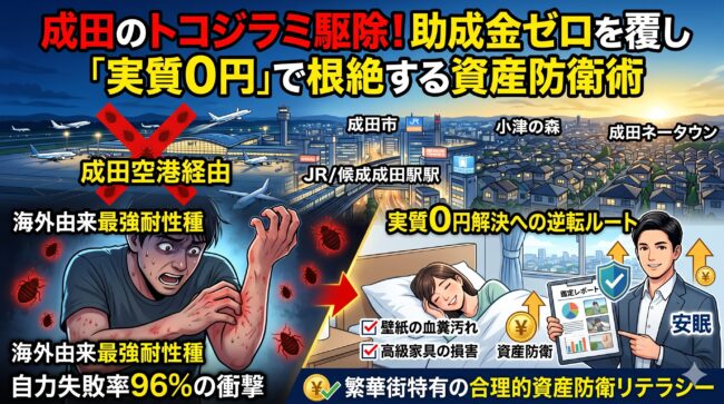 千葉県成田市（空港周辺、成田ニュータウン、公津の杜）のトコジラミ駆除！市役所の補助金ゼロを覆し、火災保険で「実質0円」を目指す資産防衛術の図解