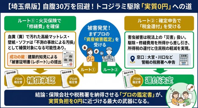 埼玉県でのトコジラミ駆除費用を実質0円にするための2大救済ルート（火災保険の汚損特約活用と確定申告の雑損控除）の解説図解。プロの鑑定レポートが申請承認の鍵であることを示すチャート。