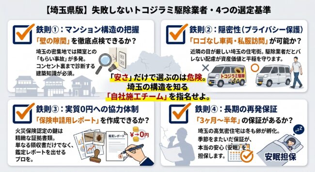 埼玉県でトコジラミ駆除業者を選ぶ際の4つの鉄則（マンションの壁裏調査、ロゴなし車両、保険申請レポート、再発保証）をまとめた図解。埼玉特有の住宅構造とプライバシー対策に強い業者選びを推奨。