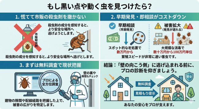 もし黒い点や動く虫を見つけたら？