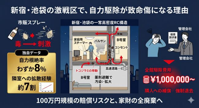 新宿・池袋の過密住宅地におけるトコジラミ自力駆除のリスクを解説した図解。独自調査（根絶率わずか8%、隣室拡散経験7割）に基づき、自室でのバルサン焚きや家庭用スチーマー使用がトコジラミをコンセント裏や配管を伝って隣室へ逃げ込ませ（汚染拡大）、結果として「加害者」となり、100万円規模の損害賠償や家財廃棄に繋がる絶望のシナリオを可視化。密集地こそ「封じ込め施工」が必要であることを示すインフォグラフィック。