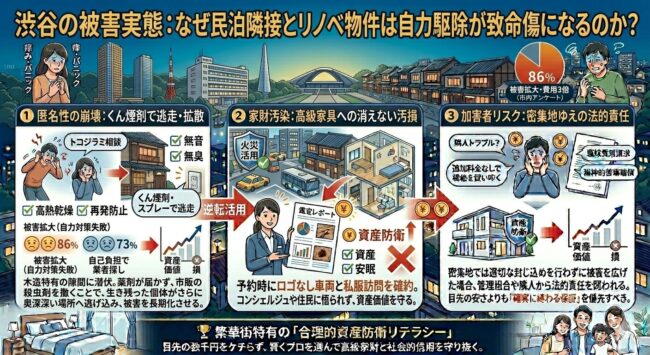 渋谷区代官山・恵比寿のリノベマンションにおけるトコジラミ拡散リスクと損害賠償回避の図解