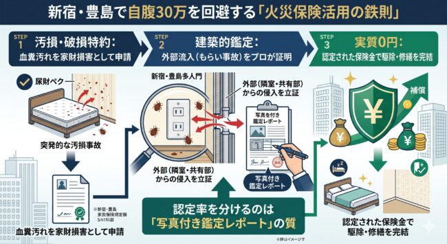 新宿・豊島エリアでトコジラミ駆除費用を火災保険で実質0円にするための活用術解説図。トコジラミの血糞による家財・壁紙の汚れを「汚損・破損特約」で申請する仕組みと、密集地特有の「隣室・共有部からの流入」を建築構造の観点から立証するプロの鑑定レポートの重要性を可視化。補助金ゼロの現状を、保険活用という資産防衛術で突破するフローを示すインフォグラフィック。